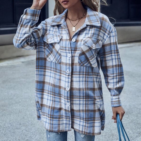 Blue Plaid pocket button up jacket shacket Cozy - Picture 2 of 5